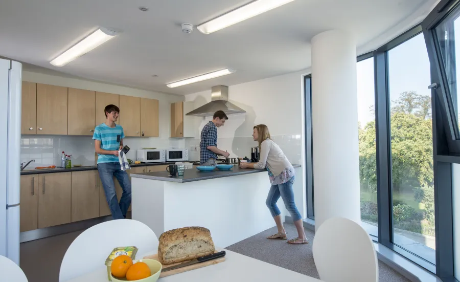 A group of students relax and talk whilst cooking food in a large, modern communal kitchen.