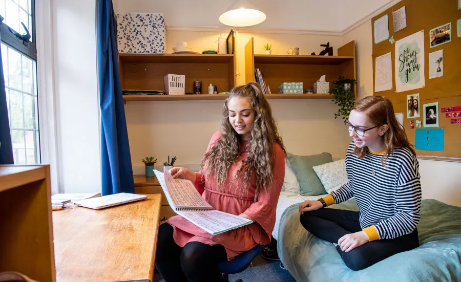 Two students sat in a bedroom talking and looking at books and notes. Light streams in through a large window.