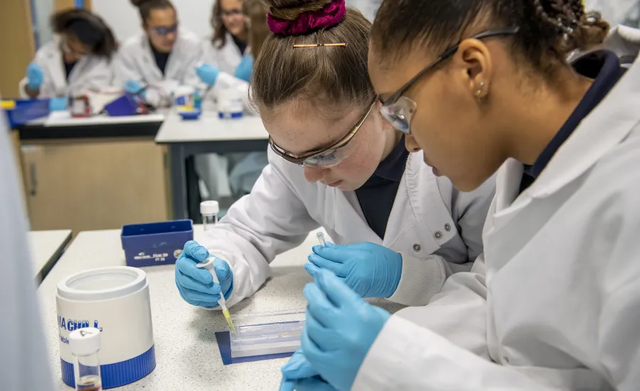 School pupils wearing goggles and gloves experimenting in lab