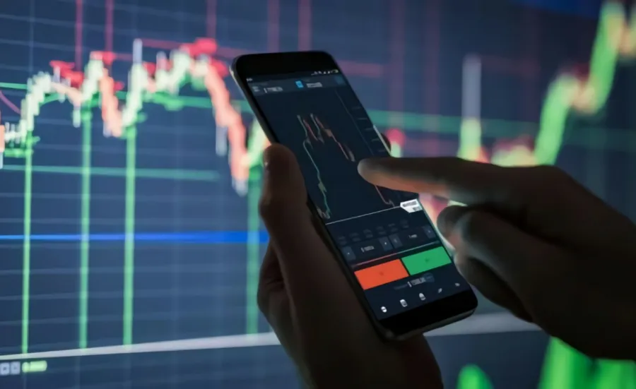 Image of a data graph and a mobile phone in someone's hands, which displays financial information.