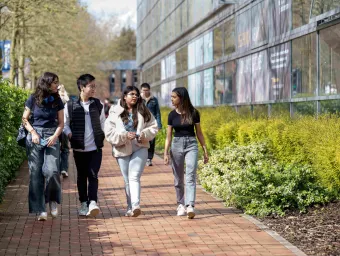 A group of students of different ethnicities walk through a green, sunlit university campus, turned towards each other, in discussion